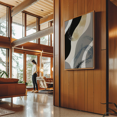 Canvas Wall Art Stretched Over Wooden Frame with Floating Frame and Grey Waves Abstract Painting CV4184 - Al Rugaib Furniture