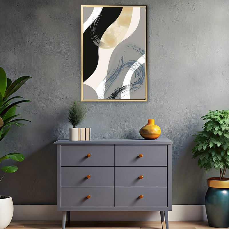 Canvas Wall Art Stretched Over Wooden Frame with Floating Frame and Grey Waves Abstract Painting CV4184 - Al Rugaib Furniture