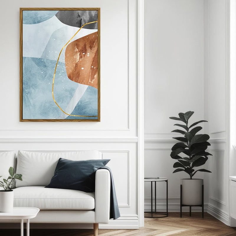 Canvas Wall Art Stretched Over Wooden Frame with Floating Frame and Rocks With Golden Line Abstract Painting CV4218 - Al Rugaib Furniture