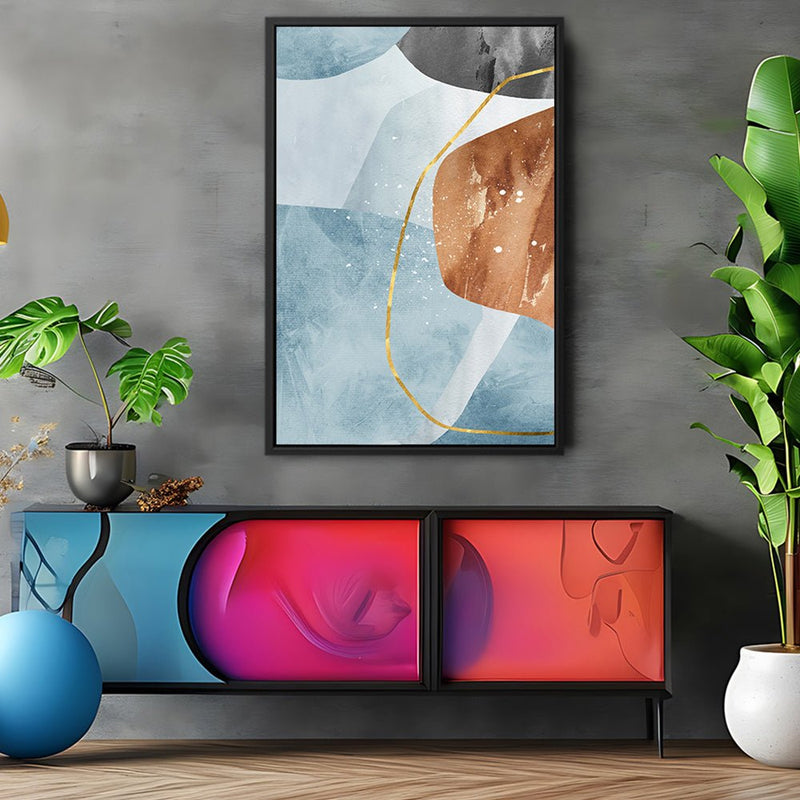Canvas Wall Art Stretched Over Wooden Frame with Floating Frame and Rocks With Golden Line Abstract Painting CV4218 - Al Rugaib Furniture