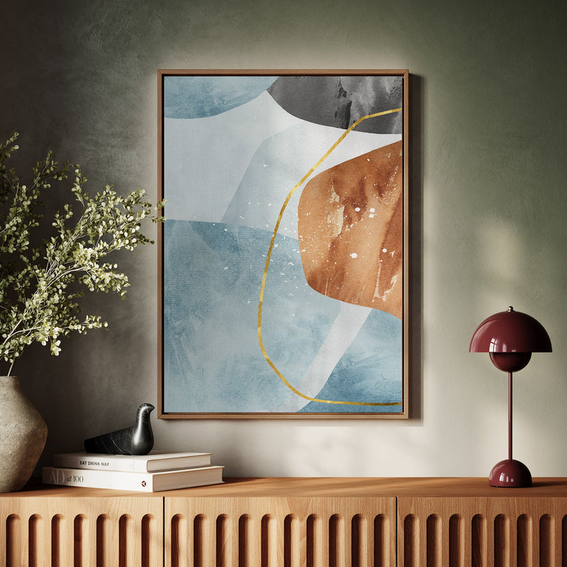 Canvas Wall Art Stretched Over Wooden Frame with Floating Frame and Rocks With Golden Line Abstract Painting CV4218 - Al Rugaib Furniture