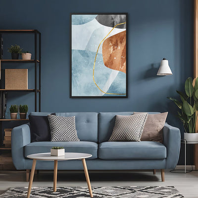 Canvas Wall Art Stretched Over Wooden Frame with Floating Frame and Rocks With Golden Line Abstract Painting CV4218 - Al Rugaib Furniture