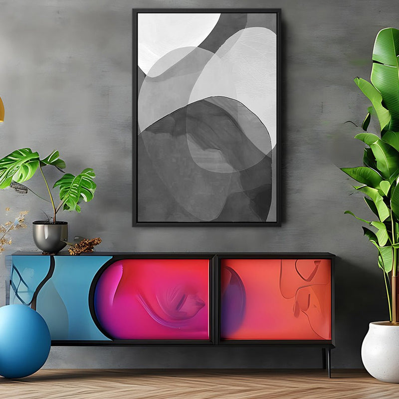 Canvas Wall Art Stretched Over Wooden Frame with Floating Frame and Shades Of Grey Abstract Painting CV4225 - Al Rugaib Furniture