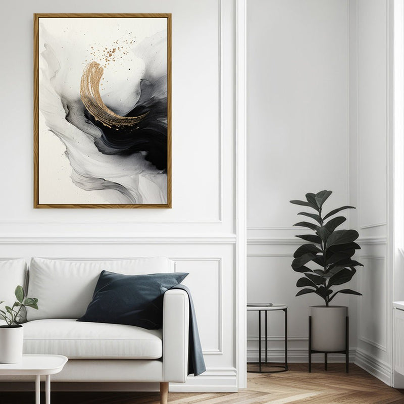 Canvas Wall Art Stretched Over Wooden Frame with Floating Frame and Smoke With Gold Shape Painting CV4242 - Al Rugaib Furniture