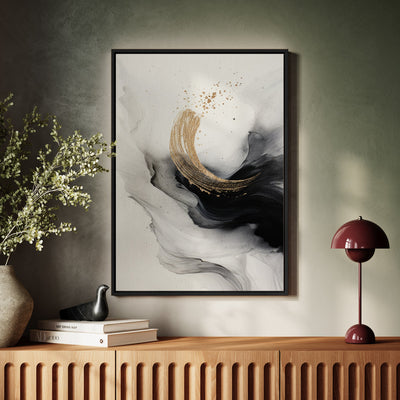 Canvas Wall Art Stretched Over Wooden Frame with Floating Frame and Smoke With Gold Shape Painting CV4242 - Al Rugaib Furniture