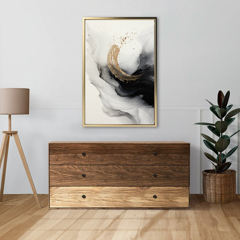 Canvas Wall Art Stretched Over Wooden Frame with Floating Frame and Smoke With Gold Shape Painting CV4242 - Al Rugaib Furniture