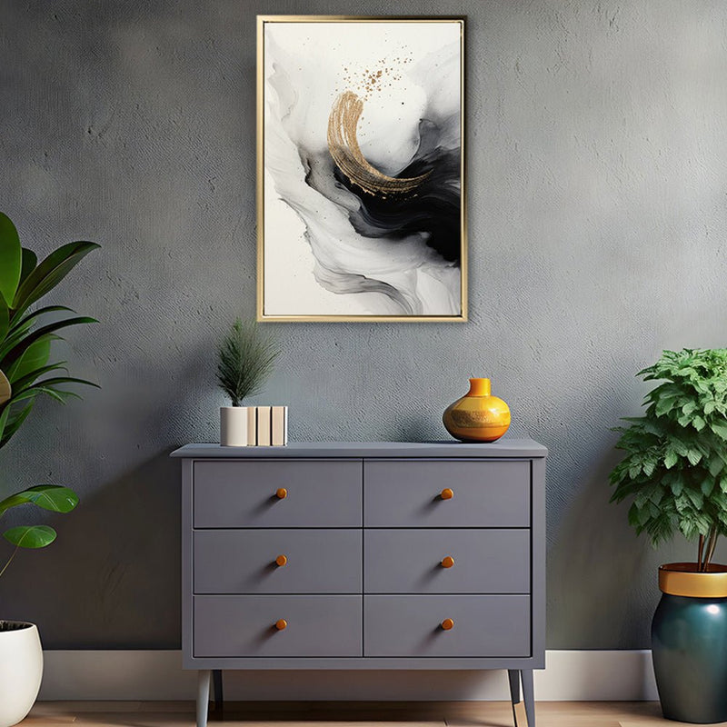 Canvas Wall Art Stretched Over Wooden Frame with Floating Frame and Smoke With Gold Shape Painting CV4242 - Al Rugaib Furniture