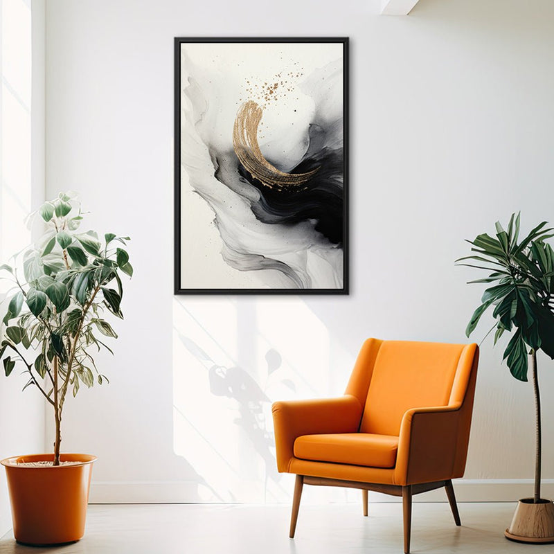 Canvas Wall Art Stretched Over Wooden Frame with Floating Frame and Smoke With Gold Shape Painting CV4242 - Al Rugaib Furniture