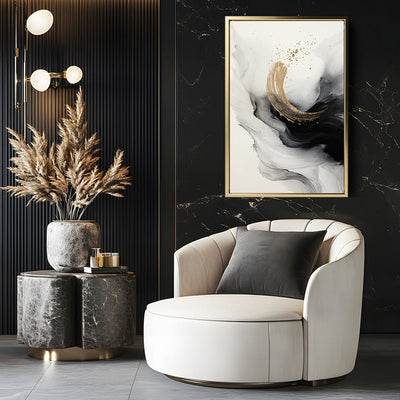 Canvas Wall Art Stretched Over Wooden Frame with Floating Frame and Smoke With Gold Shape Painting CV4242 - Al Rugaib Furniture