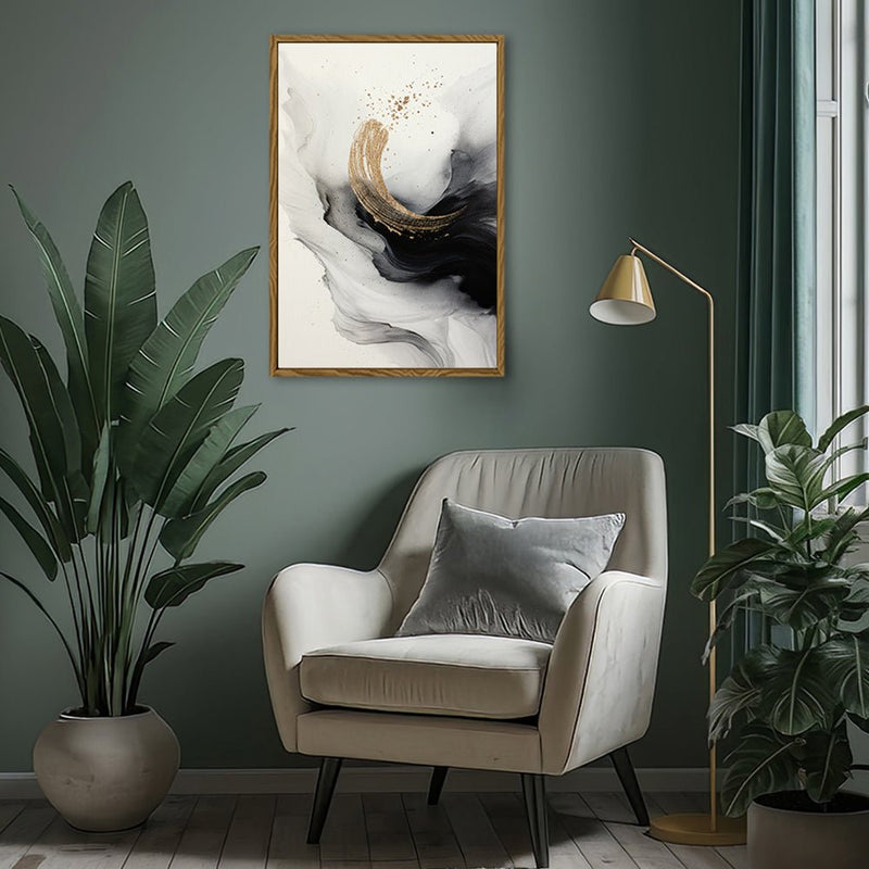 Canvas Wall Art Stretched Over Wooden Frame with Floating Frame and Smoke With Gold Shape Painting CV4242 - Al Rugaib Furniture
