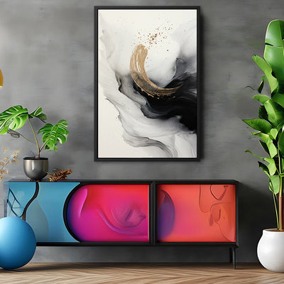 Canvas Wall Art Stretched Over Wooden Frame with Floating Frame and Smoke With Gold Shape Painting CV4242 - Al Rugaib Furniture