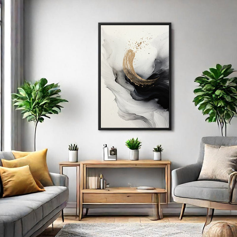 Canvas Wall Art Stretched Over Wooden Frame with Floating Frame and Smoke With Gold Shape Painting CV4242 - Al Rugaib Furniture