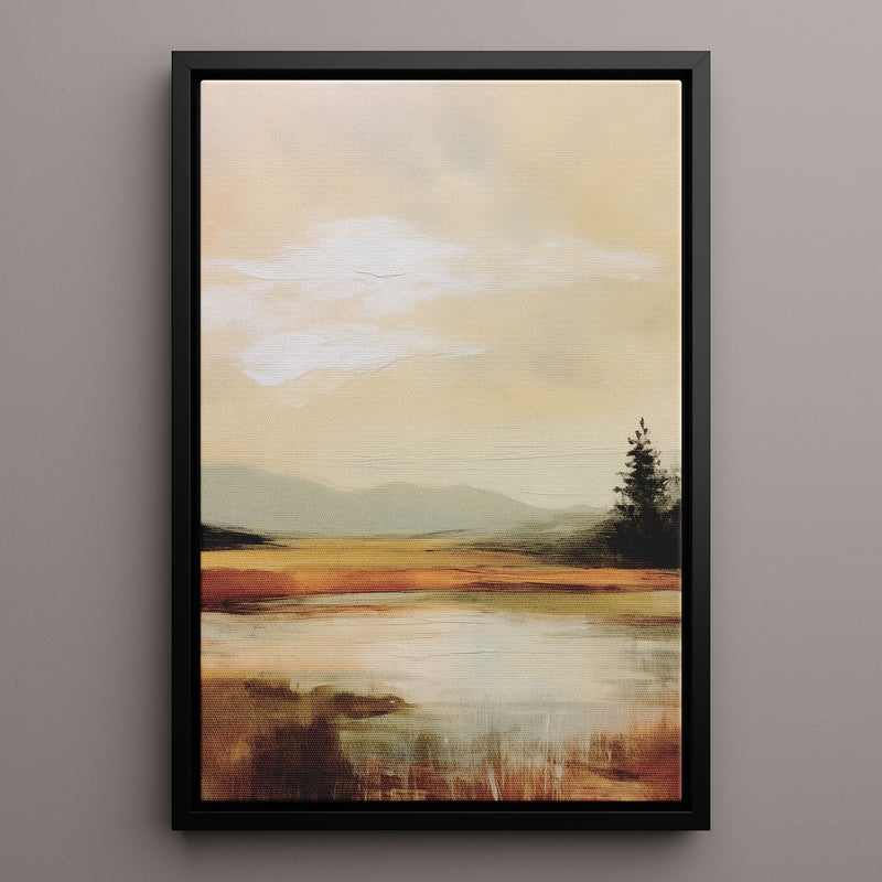 Canvas Wall Art Stretched Over Wooden Frame with Floating Frame and Sun On Lake Oil Painting Painting CV4246 - Al Rugaib Furniture