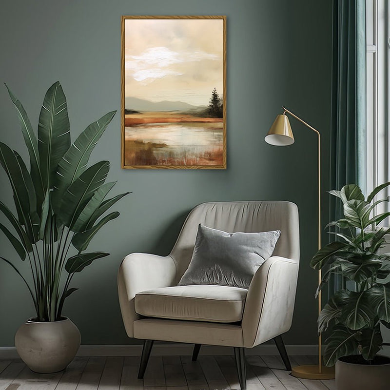 Canvas Wall Art Stretched Over Wooden Frame with Floating Frame and Sun On Lake Oil Painting Painting CV4246 - Al Rugaib Furniture