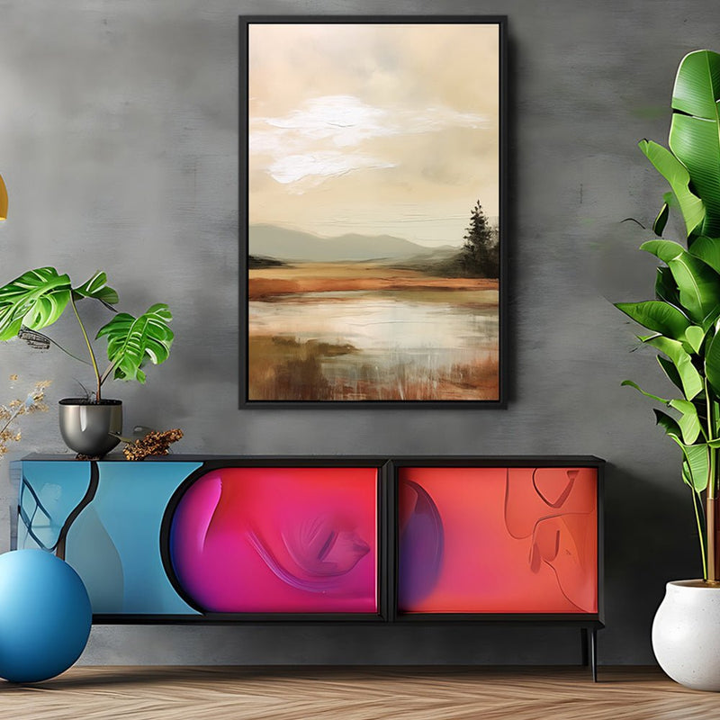 Canvas Wall Art Stretched Over Wooden Frame with Floating Frame and Sun On Lake Oil Painting Painting CV4246 - Al Rugaib Furniture