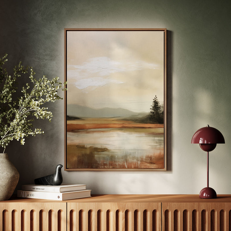 Canvas Wall Art Stretched Over Wooden Frame with Floating Frame and Sun On Lake Oil Painting Painting CV4246 - Al Rugaib Furniture