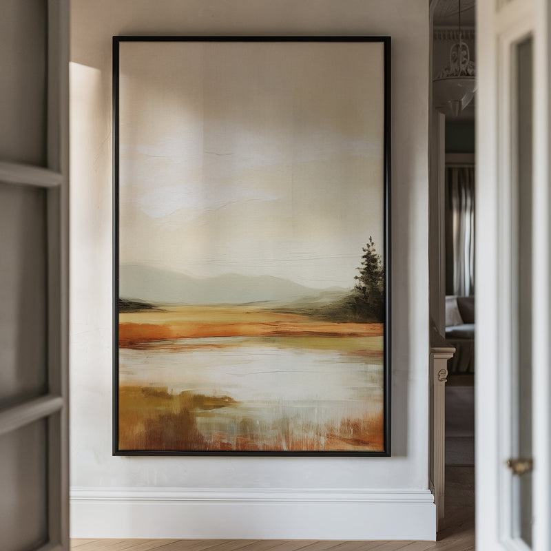 Canvas Wall Art Stretched Over Wooden Frame with Floating Frame and Sun On Lake Oil Painting Painting CV4246 - Al Rugaib Furniture