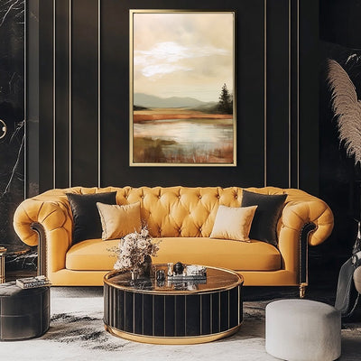 Canvas Wall Art Stretched Over Wooden Frame with Floating Frame and Sun On Lake Oil Painting Painting CV4246 - Al Rugaib Furniture