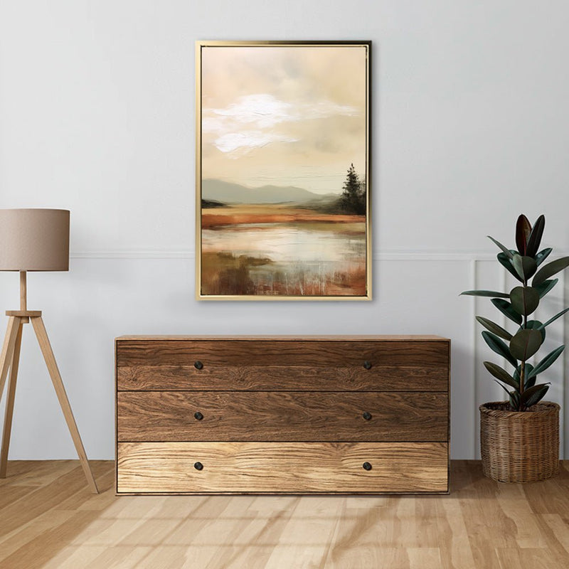 Canvas Wall Art Stretched Over Wooden Frame with Floating Frame and Sun On Lake Oil Painting Painting CV4246 - Al Rugaib Furniture