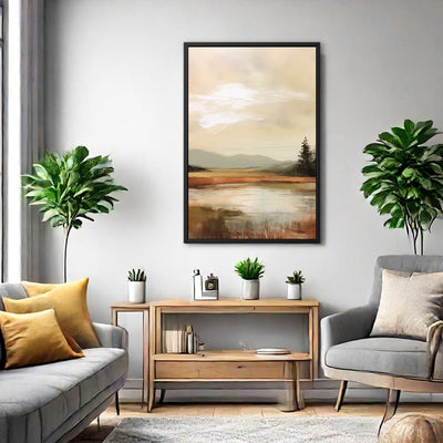 Canvas Wall Art Stretched Over Wooden Frame with Floating Frame and Sun On Lake Oil Painting Painting CV4246 - Al Rugaib Furniture