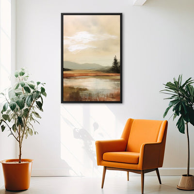 Canvas Wall Art Stretched Over Wooden Frame with Floating Frame and Sun On Lake Oil Painting Painting CV4246 - Al Rugaib Furniture