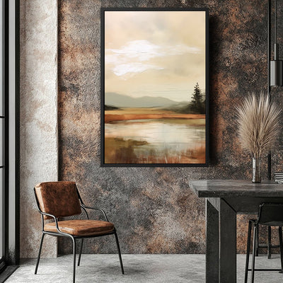 Canvas Wall Art Stretched Over Wooden Frame with Floating Frame and Sun On Lake Oil Painting Painting CV4246 - Al Rugaib Furniture