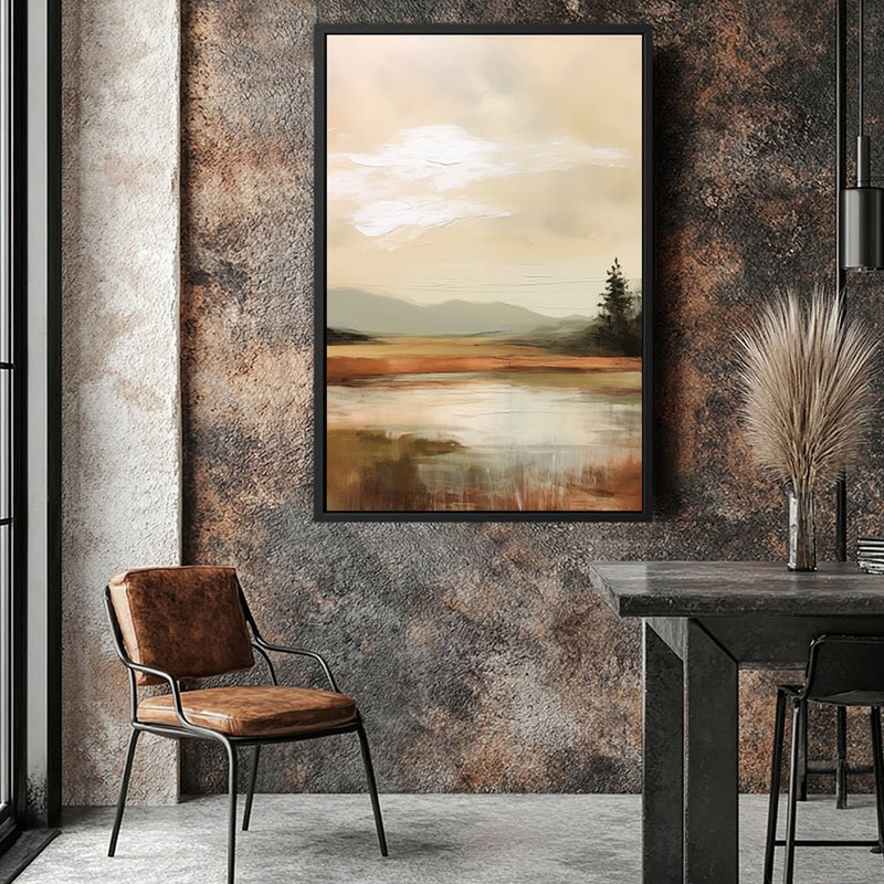 Canvas Wall Art Stretched Over Wooden Frame with Floating Frame and Sun On Lake Oil Painting Painting CV4246 - Al Rugaib Furniture