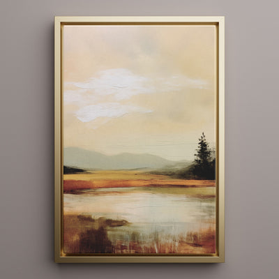 Canvas Wall Art Stretched Over Wooden Frame with Floating Frame and Sun On Lake Oil Painting Painting CV4246 - Al Rugaib Furniture
