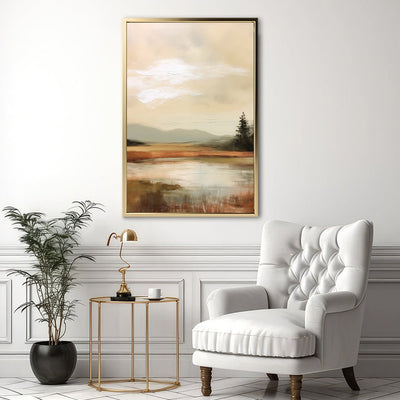 Canvas Wall Art Stretched Over Wooden Frame with Floating Frame and Sun On Lake Oil Painting Painting CV4246 - Al Rugaib Furniture