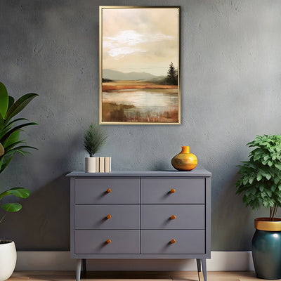 Canvas Wall Art Stretched Over Wooden Frame with Floating Frame and Sun On Lake Oil Painting Painting CV4246 - Al Rugaib Furniture