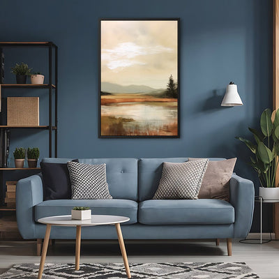 Canvas Wall Art Stretched Over Wooden Frame with Floating Frame and Sun On Lake Oil Painting Painting CV4246 - Al Rugaib Furniture