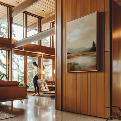 Canvas Wall Art Stretched Over Wooden Frame with Floating Frame and Sun On Lake Oil Painting Painting CV4246 - Al Rugaib Furniture