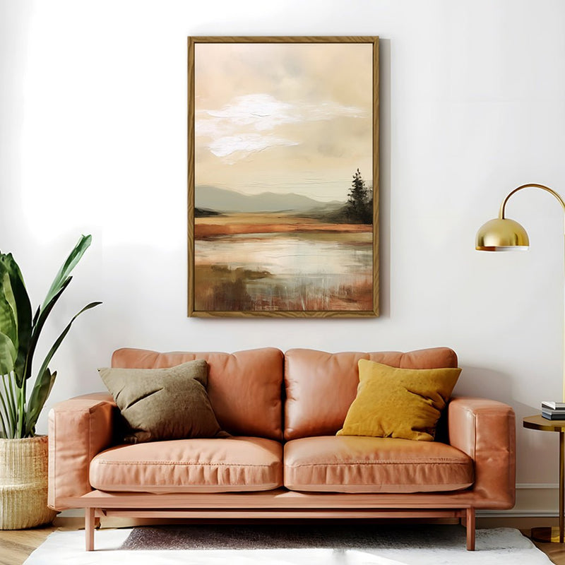 Canvas Wall Art Stretched Over Wooden Frame with Floating Frame and Sun On Lake Oil Painting Painting CV4246 - Al Rugaib Furniture