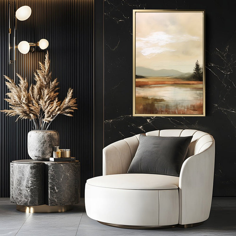 Canvas Wall Art Stretched Over Wooden Frame with Floating Frame and Sun On Lake Oil Painting Painting CV4246 - Al Rugaib Furniture