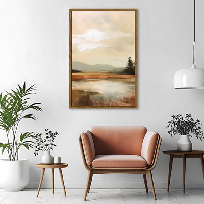 Canvas Wall Art Stretched Over Wooden Frame with Floating Frame and Sun On Lake Oil Painting Painting CV4246 - Al Rugaib Furniture