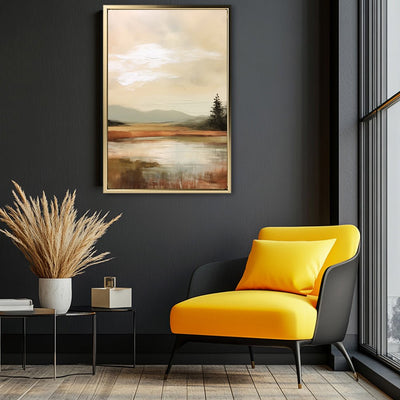 Canvas Wall Art Stretched Over Wooden Frame with Floating Frame and Sun On Lake Oil Painting Painting CV4246 - Al Rugaib Furniture