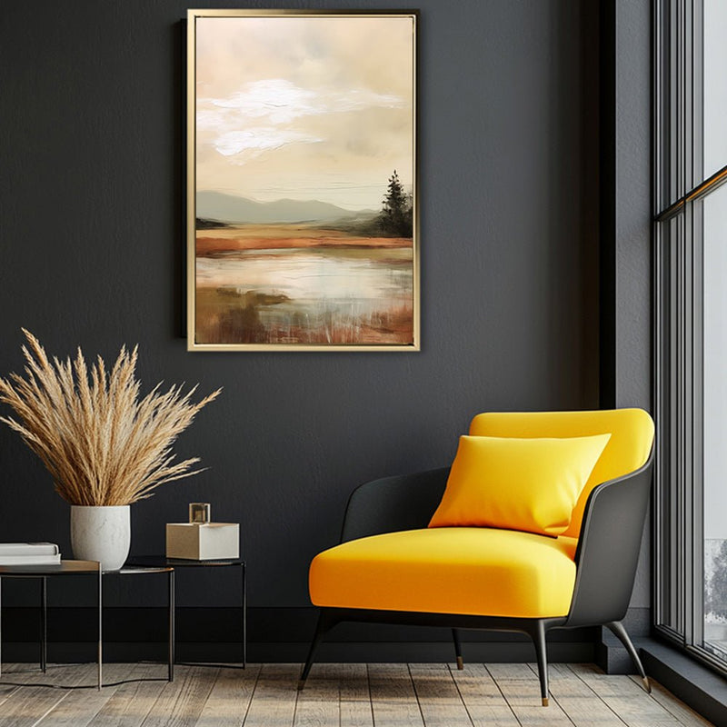 Canvas Wall Art Stretched Over Wooden Frame with Floating Frame and Sun On Lake Oil Painting Painting CV4246 - Al Rugaib Furniture