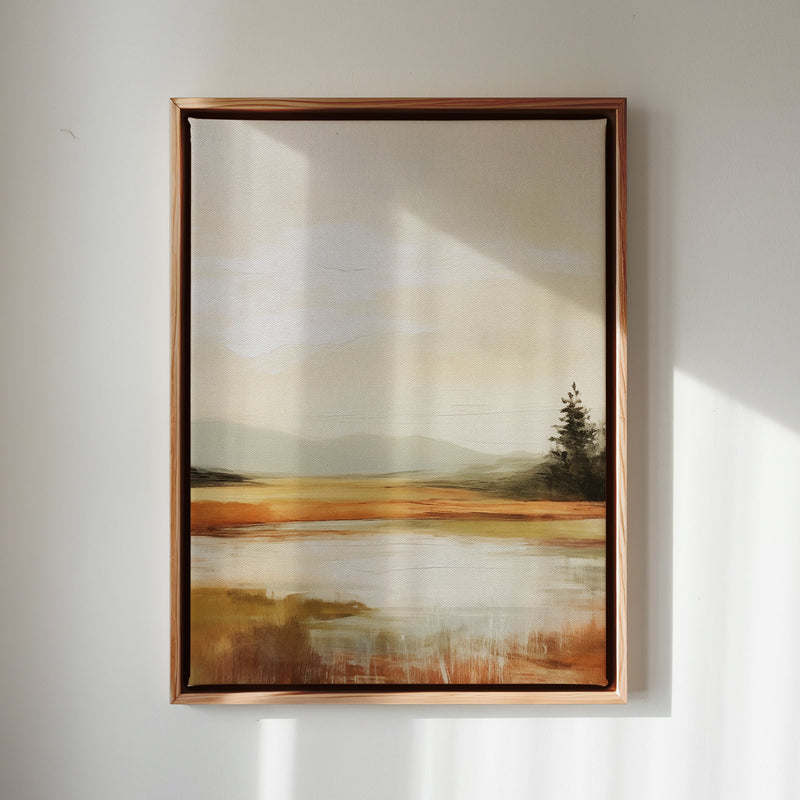 Canvas Wall Art Stretched Over Wooden Frame with Floating Frame and Sun On Lake Oil Painting Painting CV4246 - Al Rugaib Furniture