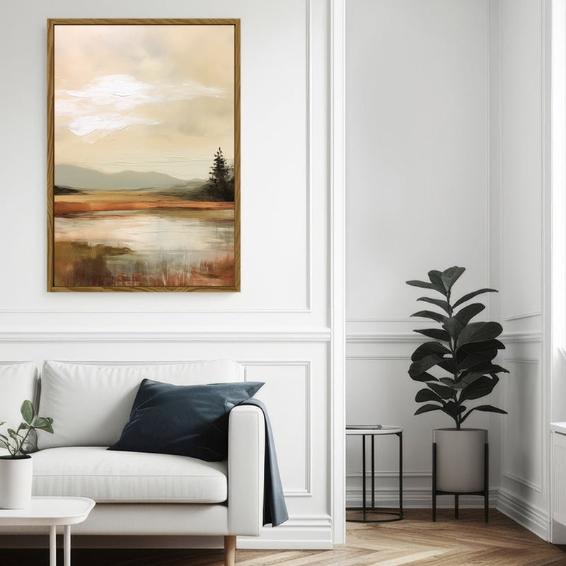 Canvas Wall Art Stretched Over Wooden Frame with Floating Frame and Sun On Lake Oil Painting Painting CV4246 - Al Rugaib Furniture