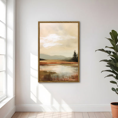 Canvas Wall Art Stretched Over Wooden Frame with Floating Frame and Sun On Lake Oil Painting Painting CV4246 - Al Rugaib Furniture