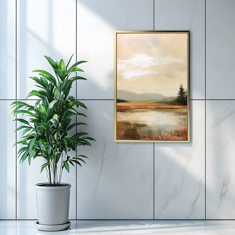 Canvas Wall Art Stretched Over Wooden Frame with Floating Frame and Sun On Lake Oil Painting Painting CV4246 - Al Rugaib Furniture