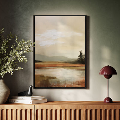 Canvas Wall Art Stretched Over Wooden Frame with Floating Frame and Sun On Lake Oil Painting Painting CV4246 - Al Rugaib Furniture