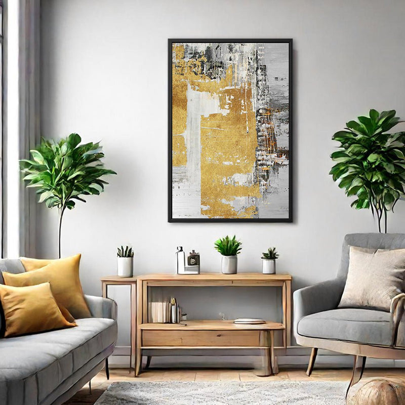 Canvas Wall Art Stretched Over Wooden Frame with Floating Frame and Touch Of Gold Abstract Painting CV4254 - Al Rugaib Furniture