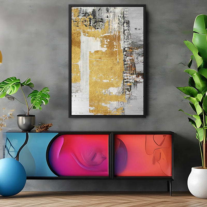 Canvas Wall Art Stretched Over Wooden Frame with Floating Frame and Touch Of Gold Abstract Painting CV4254 - Al Rugaib Furniture