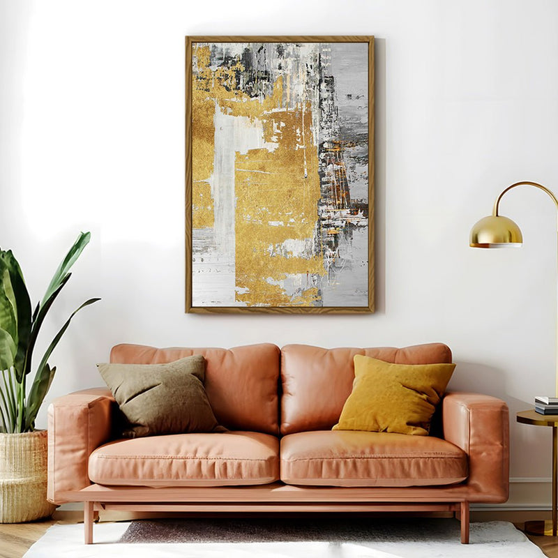Canvas Wall Art Stretched Over Wooden Frame with Floating Frame and Touch Of Gold Abstract Painting CV4254 - Al Rugaib Furniture