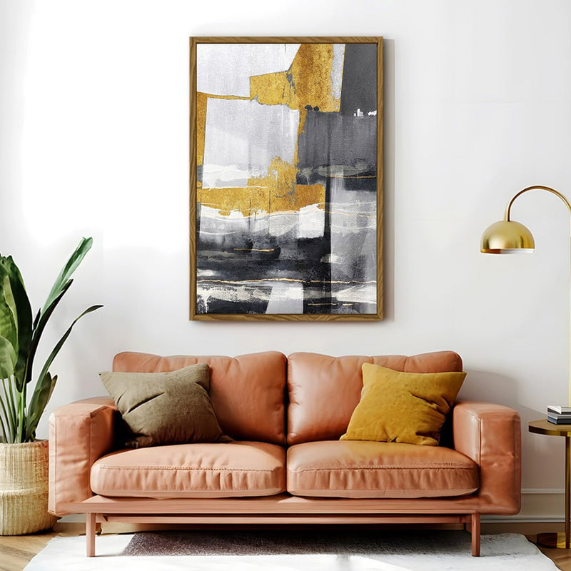 Canvas Wall Art Stretched Over Wooden Frame with Floating Frame and Touch Of Gold Abstract Painting CV4255 - Al Rugaib Furniture