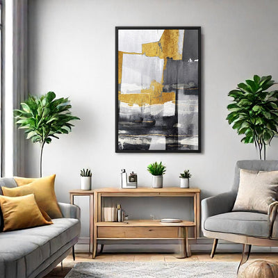 Canvas Wall Art Stretched Over Wooden Frame with Floating Frame and Touch Of Gold Abstract Painting CV4255 - Al Rugaib Furniture