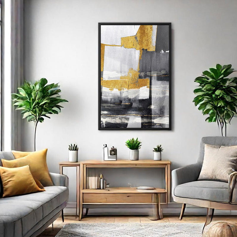 Canvas Wall Art Stretched Over Wooden Frame with Floating Frame and Touch Of Gold Abstract Painting CV4255 - Al Rugaib Furniture
