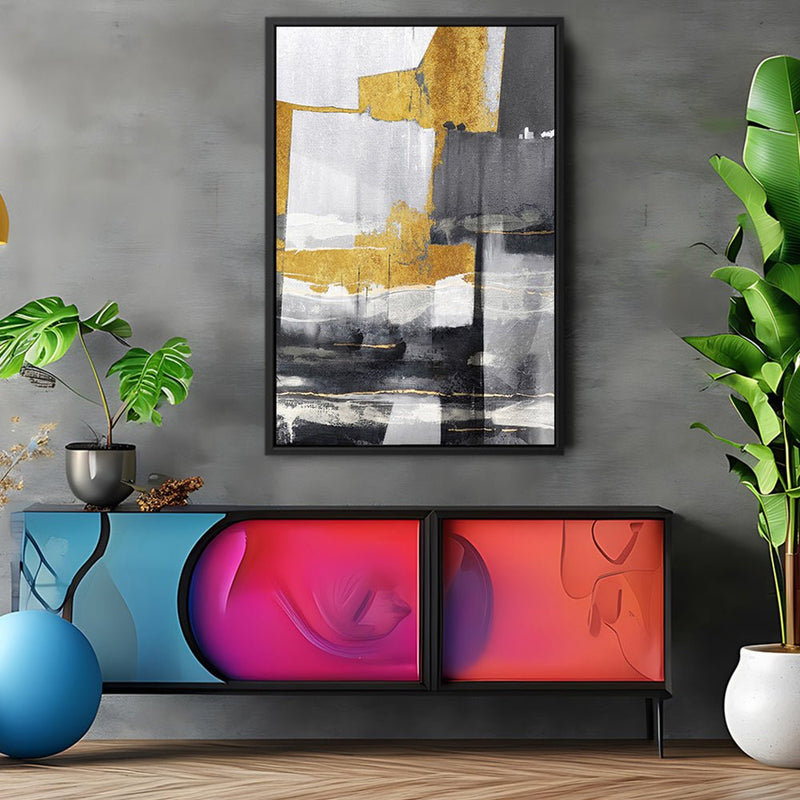 Canvas Wall Art Stretched Over Wooden Frame with Floating Frame and Touch Of Gold Abstract Painting CV4255 - Al Rugaib Furniture