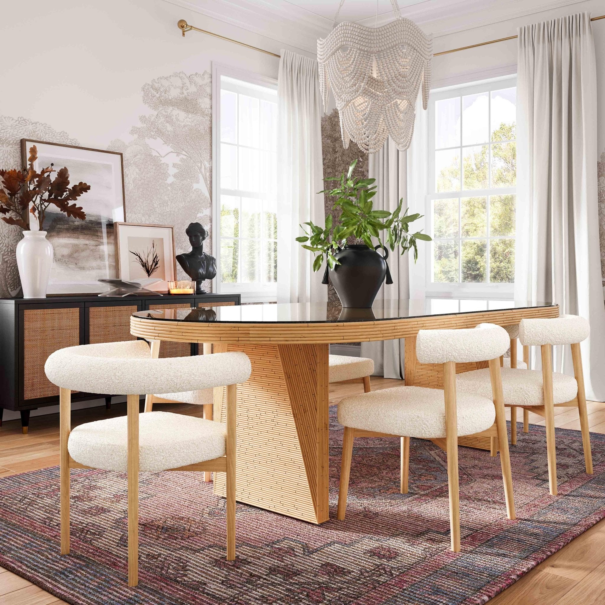 Caren Natural Rattan and Glass Oval Dining Table Dining Tables| TOV